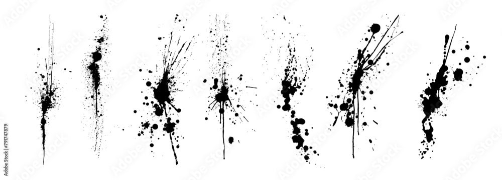 Poster dynamic black ink splashes set on white background. collection of high-contrast black ink splatters,
