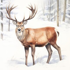 Naklejka na ściany i meble Majestic stag standing in the snow, antlers detailed against the crisp white, isolated on a white background, watercolor