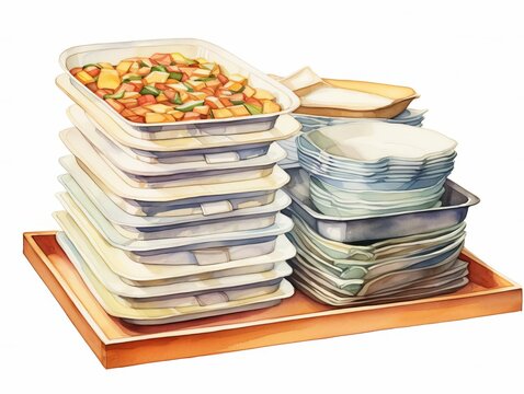School cafeteria trays and utensils, neatly stacked and sanitized, isolated on white background, watercolor