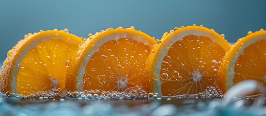 Wet orange slice in water splash on blue background. Juicy citrus fruit background. Healthy food.	
