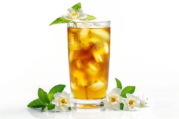 A tall glass of iced green tea infused with jasmine, a refreshing and aromatic summer beverage to...