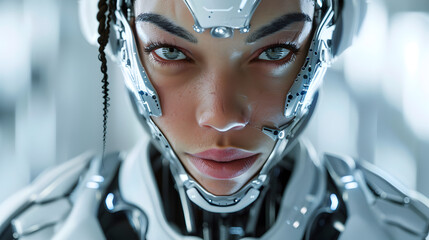 Epic close-up photoshoot of a futuristic cyborg character looking directly at the camera against a sleek silver background.


