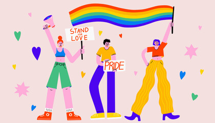 Group of diverse lgbt people holding posters, placards, banners, rainbow flag during pride month, gay parade, human rights, equality, love vector illustration. Cartoon characters in groovy funky style