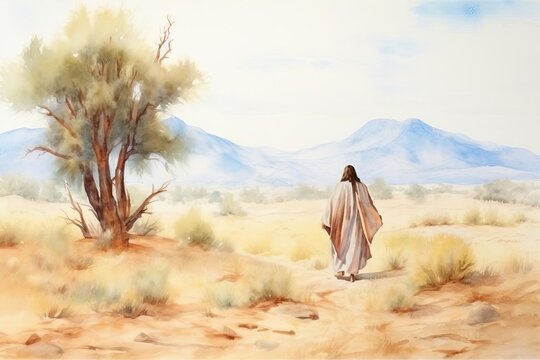 The temptation of Jesus in the desert, stark landscapes and moral fortitude, isolated on white background, watercolor
