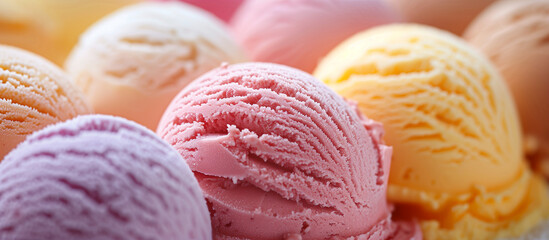Berry, raspberry, mango colorful ice cream dessert, gelato, sorbet. Sweet food. Icecream scoop...
