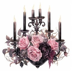 Darkly romantic centerpieces, candelabras and black roses, velvety petals and soft glow, isolated on white background, watercolor - obrazy, fototapety, plakaty
