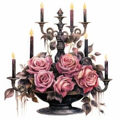 Darkly romantic centerpieces, candelabras and black roses, velvety petals and soft glow, isolated on white background, watercolor