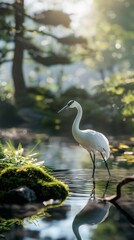 Fototapeta premium A single crane stands gracefully in a peaceful pond surrounded by dappled sunlight and lush greenery