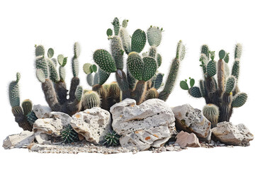 A cluster of cacti standing tall against a desert backdrop, their unique shapes and textures adding an element of rugged beauty to a boys' campsite, isolated on a solid white background. - Powered by Adobe