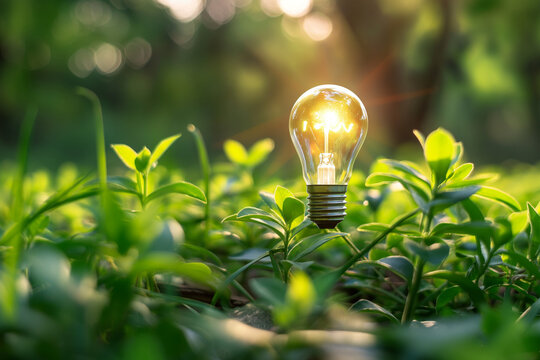 light bulb in green nature. Eco, reusable power amd energy concept. Ai 