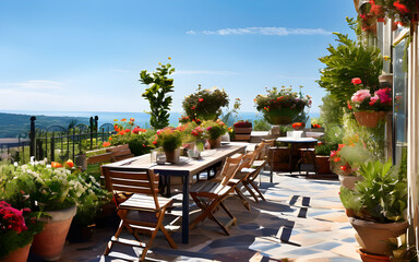 A sun-dappled terrace adorned with fragrant herbs and potted plants, perfect for alfresco dining.