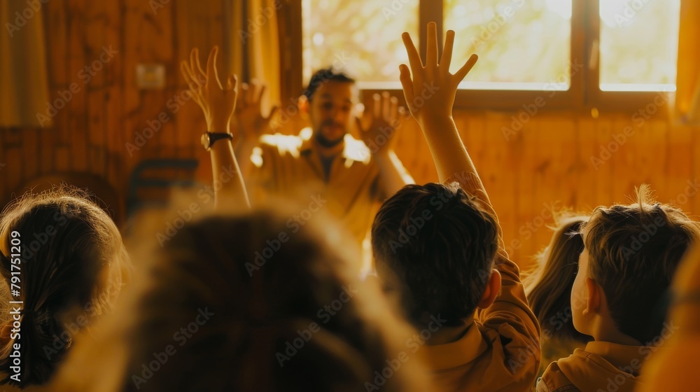 Poster children raising hands in a classroom with a teacher engaging in an interactive lesson.