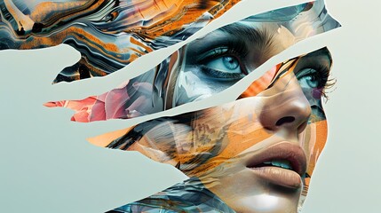 Surreal Digital Portrait of Mysterious Feminine Figure Amidst Vibrant Abstract Textures and Shapes - obrazy, fototapety, plakaty