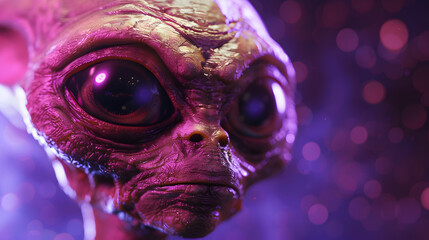 Epic close-up photoshoot of a playful alien character looking directly at the camera against a cosmic purple background.



