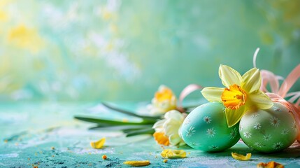 Easter eggs and daffodils on a textured surface, representing springtime and festive celebration.