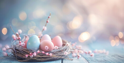 Pastel-colored Easter eggs nestled among spring blossoms in a decorative nest.