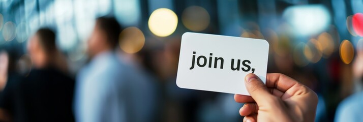Person in a crowd showing a card with'join us' text, symbolizing invitation, community, and opportunities for involvement
