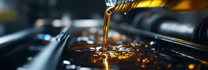 High-resolution image capturing the moment engine oil is being poured into a car's motor, highlighting the golden liquid's texture - obrazy, fototapety, plakaty