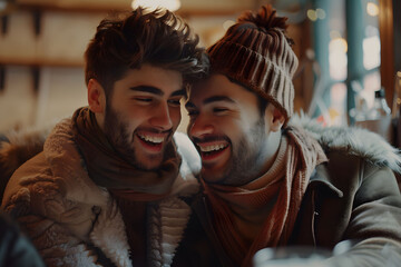 Realistic happy gay couple. Showing happiness and love towards man with another man.
positivity and happiness Gay. LGBTQ, Bisexual, Man, Gay, Male. - obrazy, fototapety, plakaty