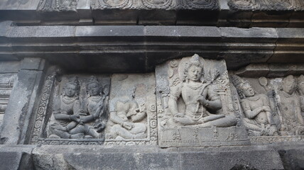 Carved temple statues in the ancient Prambanan temple complex Popular tourist destination. No one.