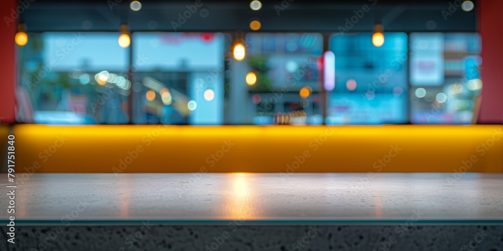 Poster empty diner counter with a blurred background of a contemporary cafe setting.