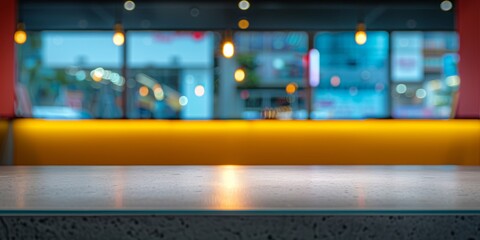 Empty diner counter with a blurred background of a contemporary cafe setting.