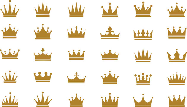 Set of golden crown icons. Gold crown heraldic silhouette icons vector