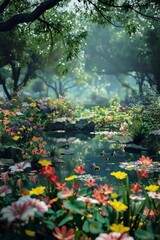 A tranquil garden with a diverse array of colorful flowers surrounding a pond, located next to a lush forest.