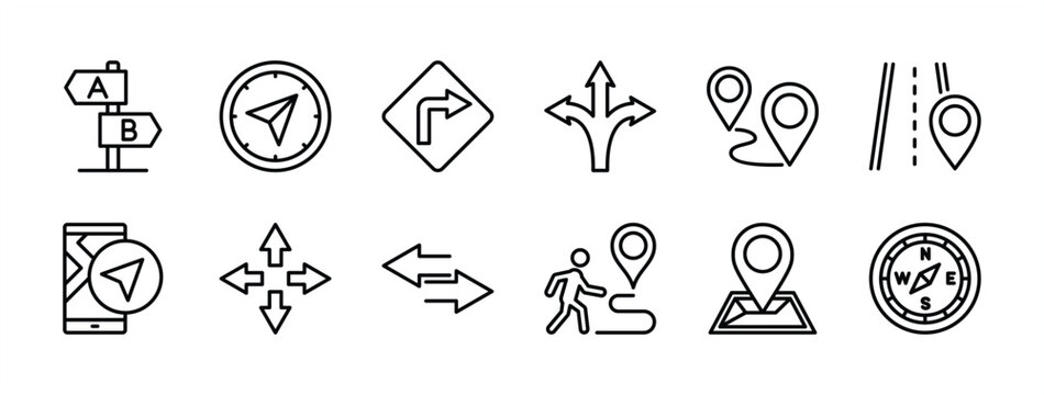 Arrow direction thin line icon set. Containing three way, traffic board, navigation, compass, GPS, signpost, road, map pin, guide, crossroad, pointer, intersection, tracking, journey, junction vector