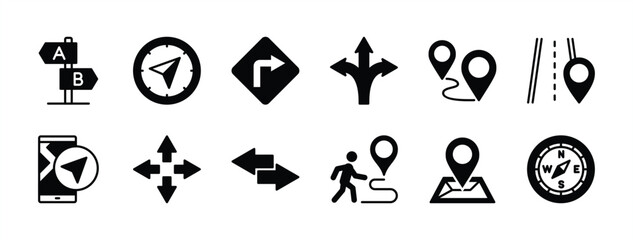 Arrow direction icon set. Containing three way, traffic board, navigation, compass, GPS, signpost, road, map pin, guide, crossroad, pointer, intersection, tracking, journey, junction vector © Vilogsign