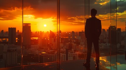 Silhouette of a contemplative businessman gazing at a vibrant sunset over the city skyline