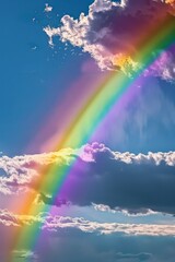 A vibrant rainbow stretches across the sky with fluffy clouds in the background.