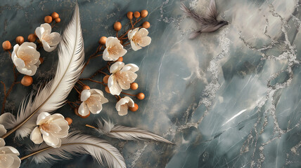 Marble background with feather and floral design. Wall art panels