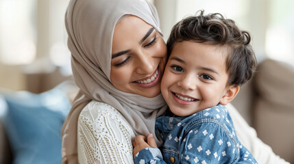 portrait of woman kissing her cute baby son, generative ai