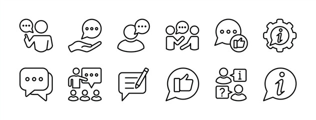Speaking and communication thin line icon set. Containing advice, discussion, speech bubble, conversation, talking, question and answer, opinion, message, feedback, information. Vector illustration