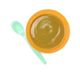 Foto op Plexiglas Delicious baby food in bowl and spoon isolated on white, top view © New Africa