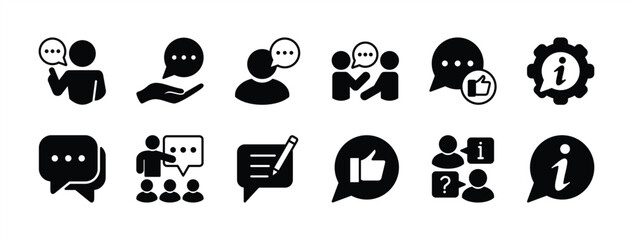 Speaking and communication icon set. Containing advice, discussion, speech bubble, conversation, talking, question and answer, opinion, message, feedback, information. Vector illustration
