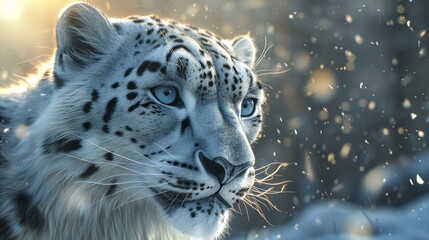 Majestic snow leopard in a winter wonderland, a portrait of wildlife beauty and grace under snowfall