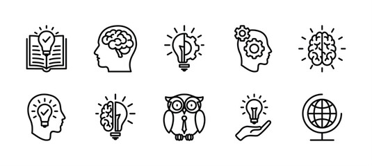 Knowledge thin line icon set. Containing book, mind, thinking, cognition, brain, light bulb, education, globe, owl, creativity, idea, imagination, intelligence, clever, genius. Vector illustration