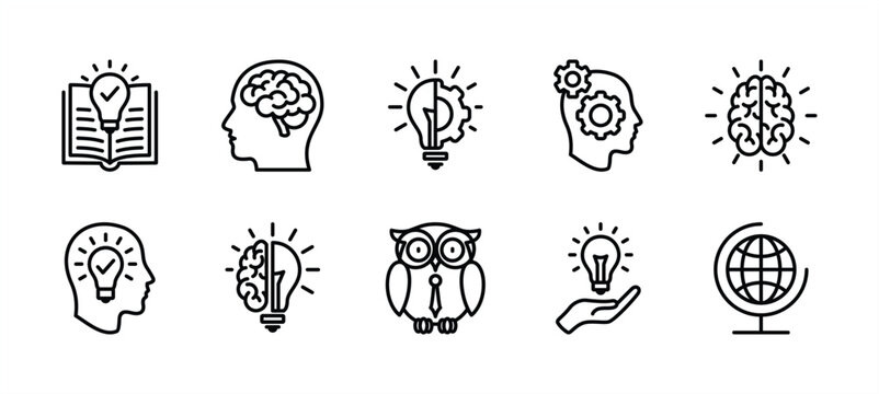 Knowledge thin line icon set. Containing book, mind, thinking, cognition, brain, light bulb, education, globe, owl, creativity, idea, imagination, intelligence, clever, genius. Vector illustration