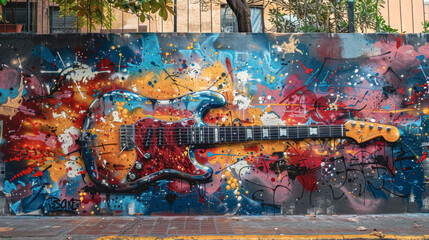 Electric guitar painted on an old building, graffiti in vintage style.