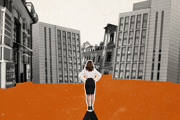 Composite photo collage of young businesswoman think city street building relocation office company...