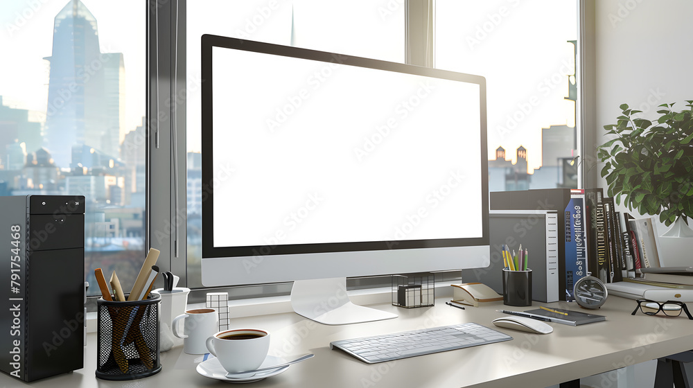Poster a computer blank screen on desk with coffee in modern office, mockup, clipping paths included for ba