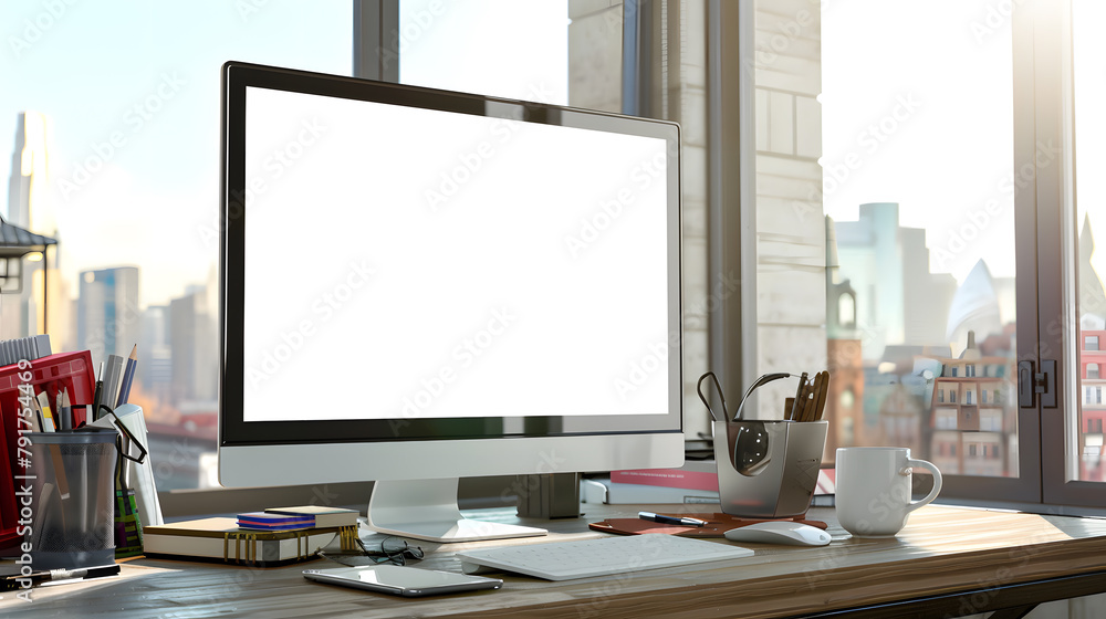 Poster a computer blank screen on desk with coffee in modern office, mockup, clipping paths included for ba