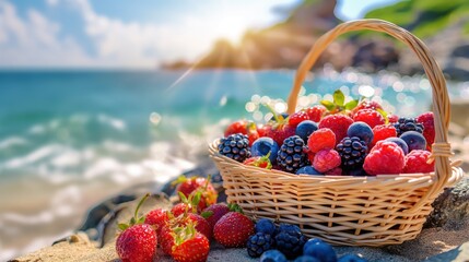 Picnic background with basket and berries by the ocean. Generative AI