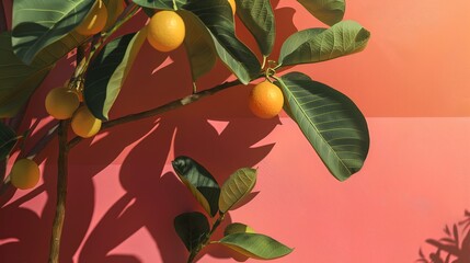 Orange tree with green leaves with shadow on the pastel wall. Generative AI