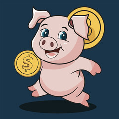 vector cute pig running with gold coin piggy bank design illustration
