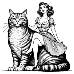 elegant lady in a classic dress, affectionately petting her large, majestic cat sketch engraving generative ai fictional character PNG illustration. Scratch board imitation. Black and white image.