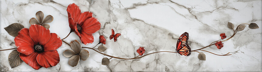 Marble background with butterfly and flower design. Wall art panels