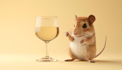 3D gerbil looking at a glass of wine